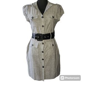 Grey Cargo Belted Safari Shirtdress Button Pockets 100% Cotton Size M utility
